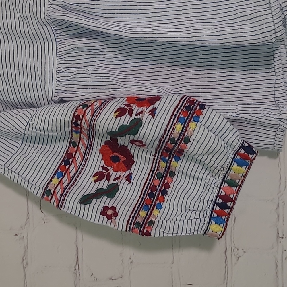 ZARA Kids Embroidered Peasant Blouse Stripes Bell Sleeve Girls Size 7 - Picture 11 of 15